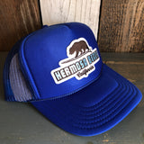 Hermosa Beach SURFING GRIZZLY BEAR High Crown Trucker Hat - Royal Blue (Curved Brim)