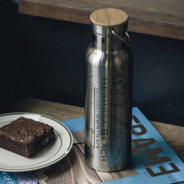 Hermosa Beach Map 20 oz Bottle with Bamboo Top in Stainless Steel