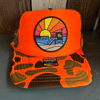 Hermosa Beach OBLIGATORY SUNSET High Crown Trucker Hat - Neon Orange Hunters Camo