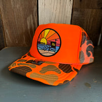 Hermosa Beach OBLIGATORY SUNSET High Crown Trucker Hat - Neon Orange Hunters Camo