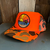 Hermosa Beach OBLIGATORY SUNSET High Crown Trucker Hat - Neon Orange Hunters Camo