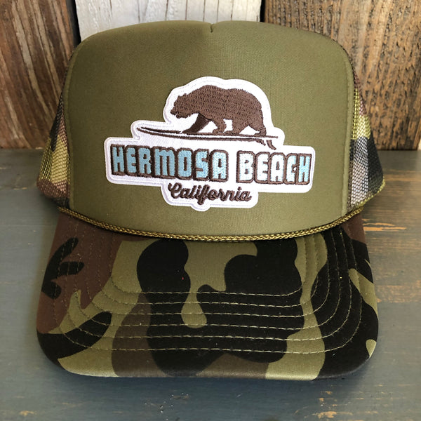 Hermosa Beach SURFING GRIZZLY BEAR Trucker Hat - Camouflage/Olive