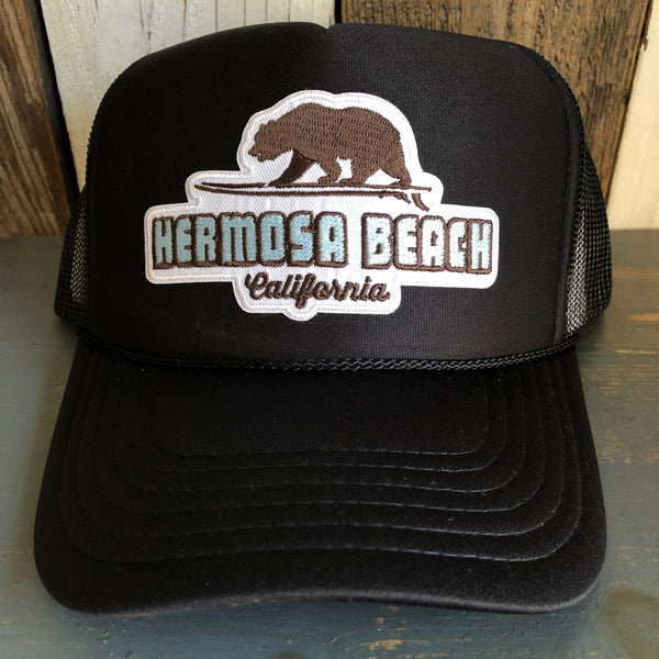 Hermosa Beach SURFING GRIZZLY BEAR Trucker Hat - Black