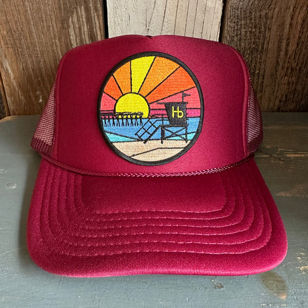 Hermosa Beach OBLIGATORY SUNSET High Crown Trucker Hat - Burgundy Maroon