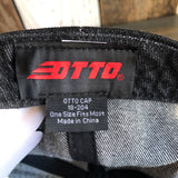 Black denim dad hat with small red logo, labeled One Size Fits Most and Made in China.