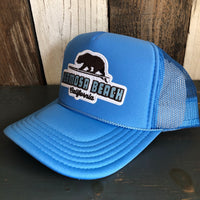 Hermosa Beach SURFING GRIZZLY BEAR Trucker Hat - Col. Blue