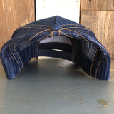 Hermosa Beach SURFING GRIZZLY BEAR Premium Denim Trucker Hat - Navy/Gold Stitching